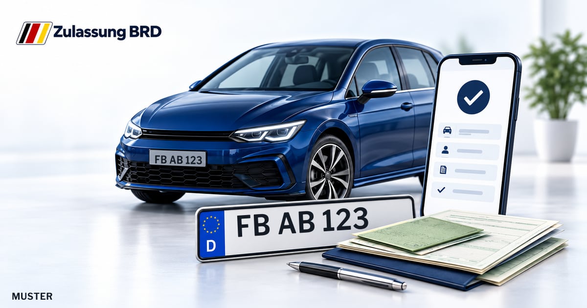 Online Fahrzeugzulassung in Altenstadt: Musterkennzeichen FB AB 123, Auto und Fahrzeugpapiere und Smartphone. Illustration mit Logo von Zulassung BRD.